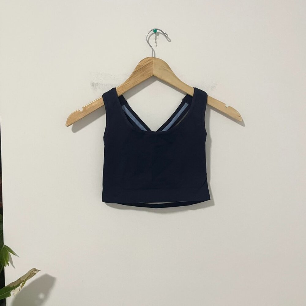 Women's Dark Blue Cross Strap Ribbed Sports Bra